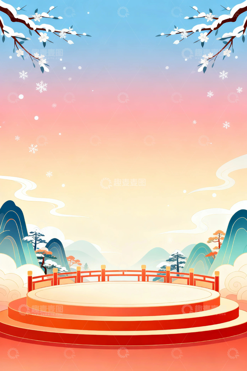 高清大图下载【趣麦麦图】国潮插画冬季背景6