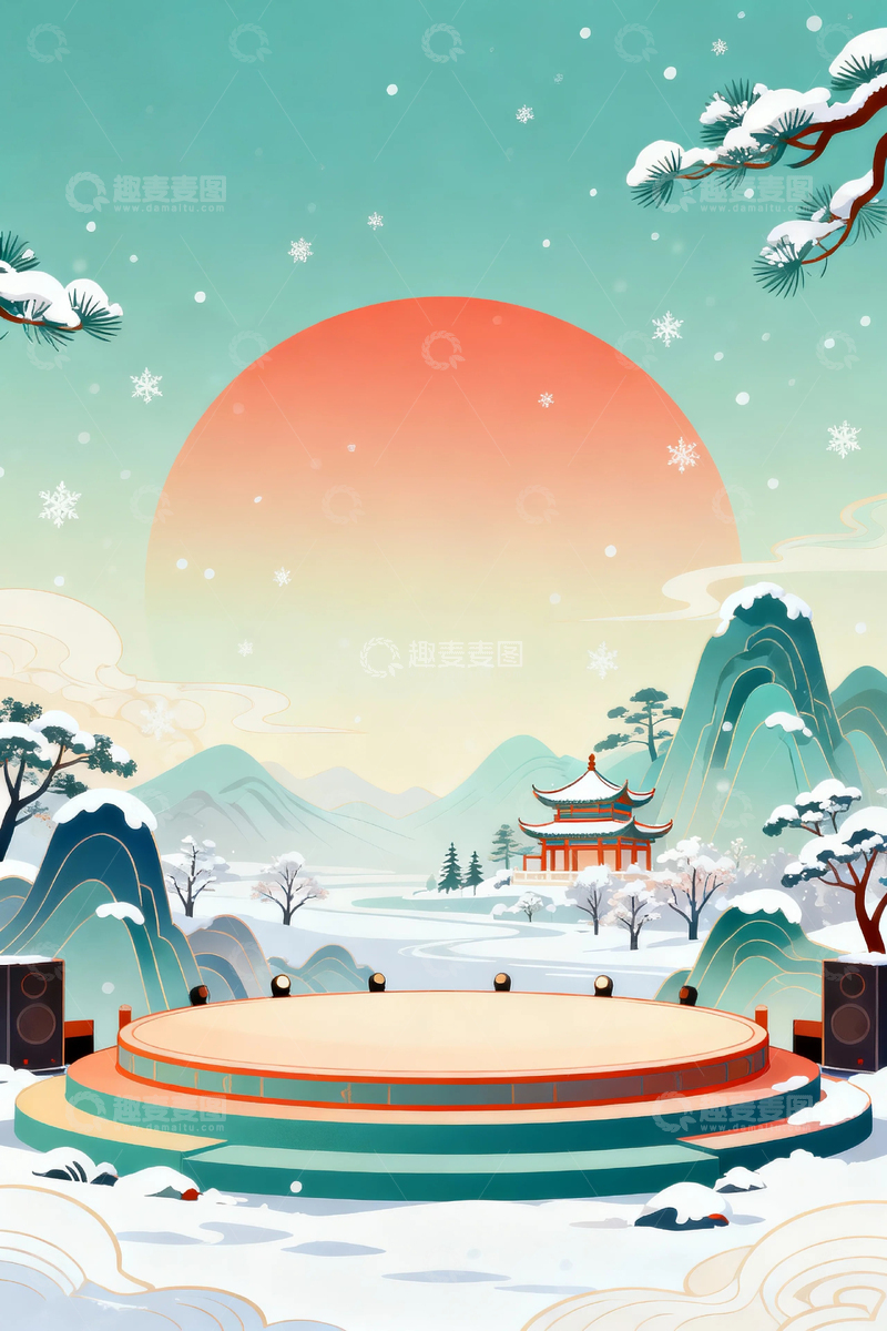 高清大图下载【趣麦麦图】国潮插画冬季背景1