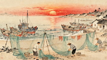 工笔画朝阳下的渔村1