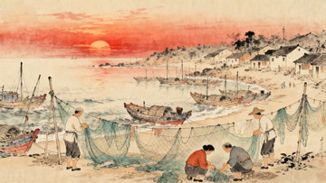 工笔画朝阳下的渔村2