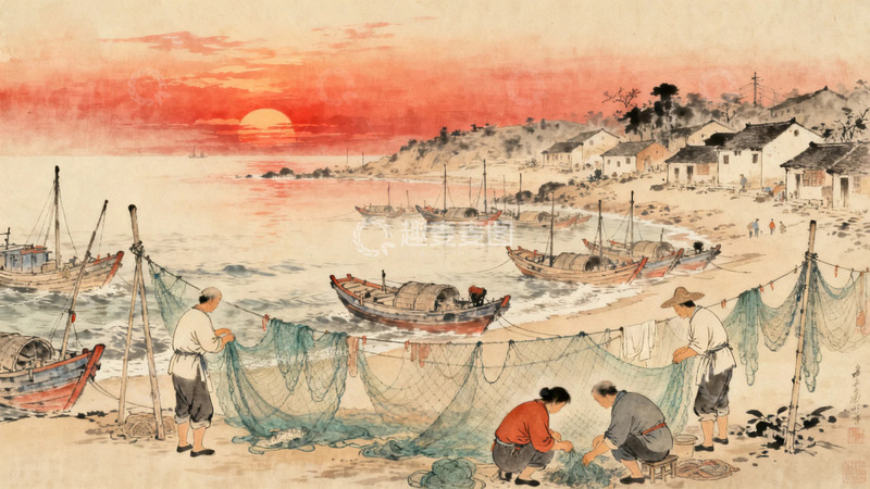 高清大图下载【趣麦麦图】工笔画朝阳下的渔村2