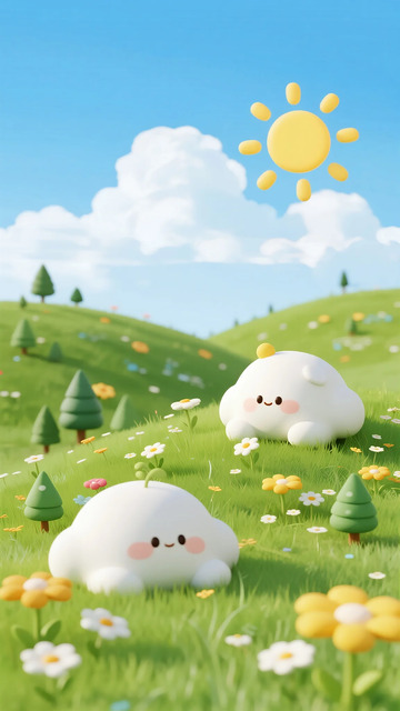 可爱卡通云朵草原风景插画