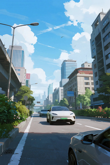 城市街景动漫风蓝天白云