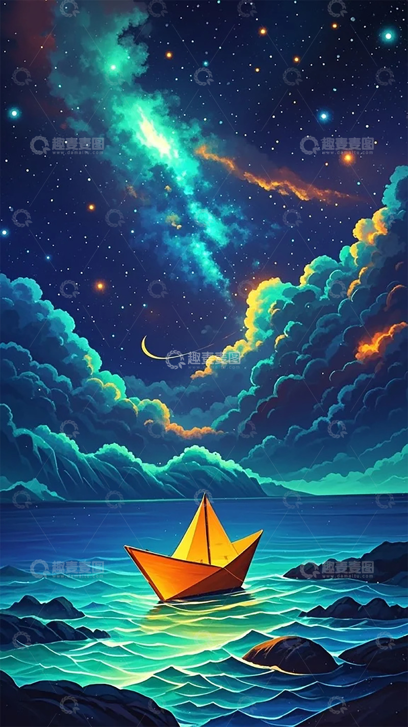 高清大图下载【趣麦麦图】梦幻夜空纸船海洋插画