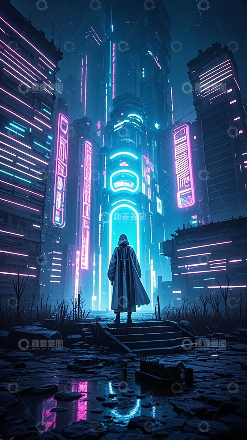 高清大图下载【趣麦麦图】赛博朋克城市夜景科幻插画