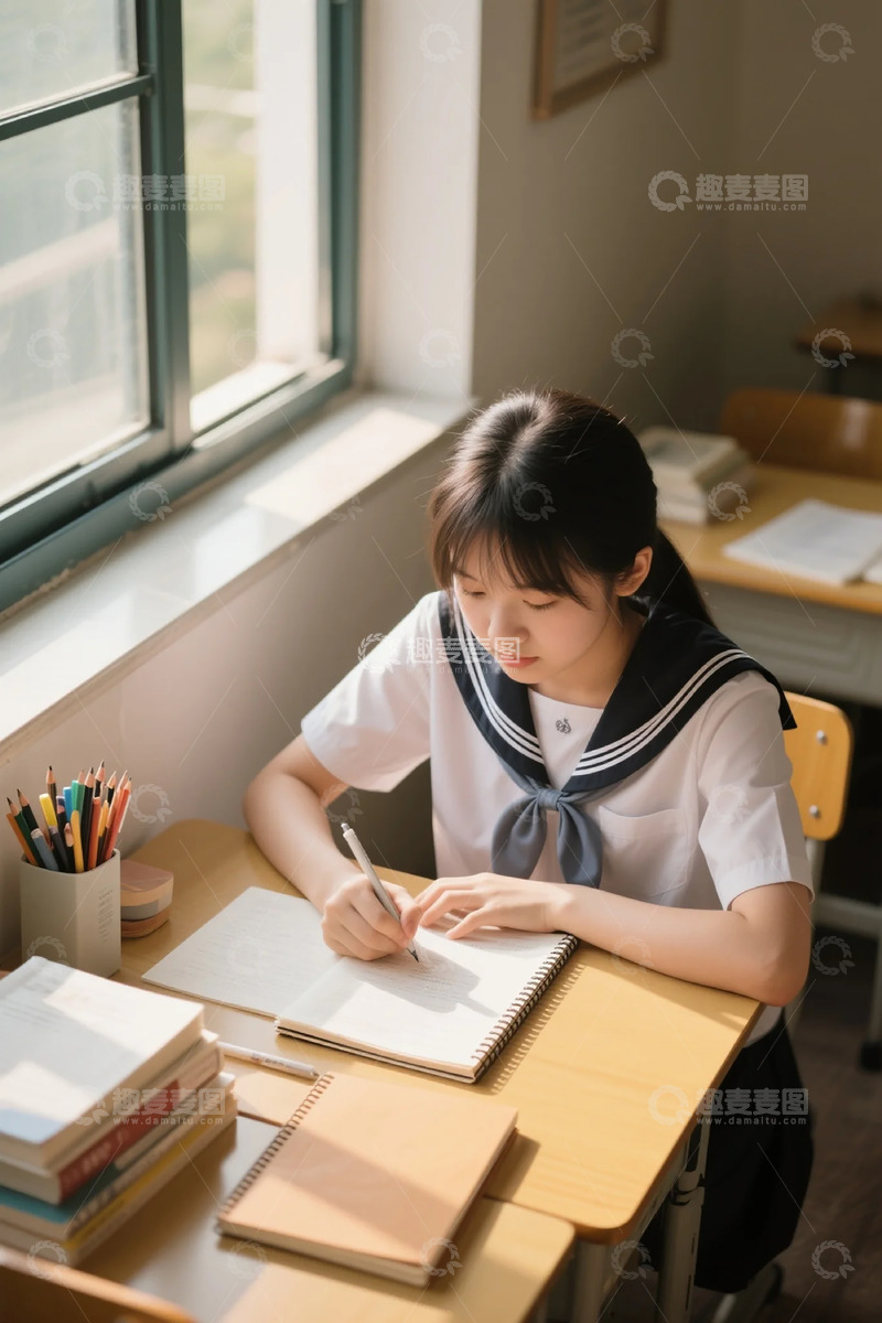 高清大图下载【趣麦麦图】校园学习场景制服少女写作