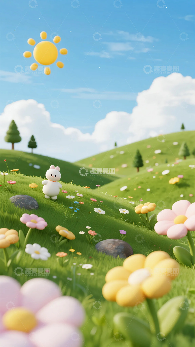 高清大图下载【趣麦麦图】卡通草地小羊风景插画