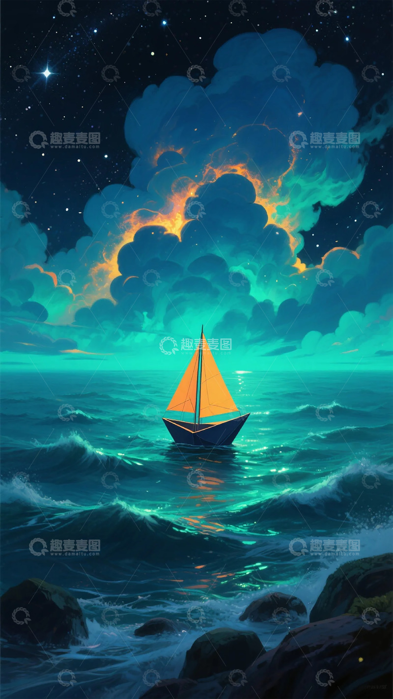 高清大图下载【趣麦麦图】夜空帆船梦幻海洋插画