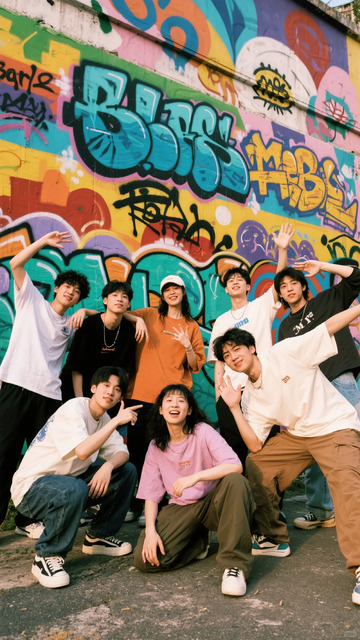 涂鸦墙前青春活力合影