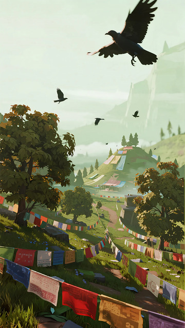 动画风格山林风景飞鸟装饰图