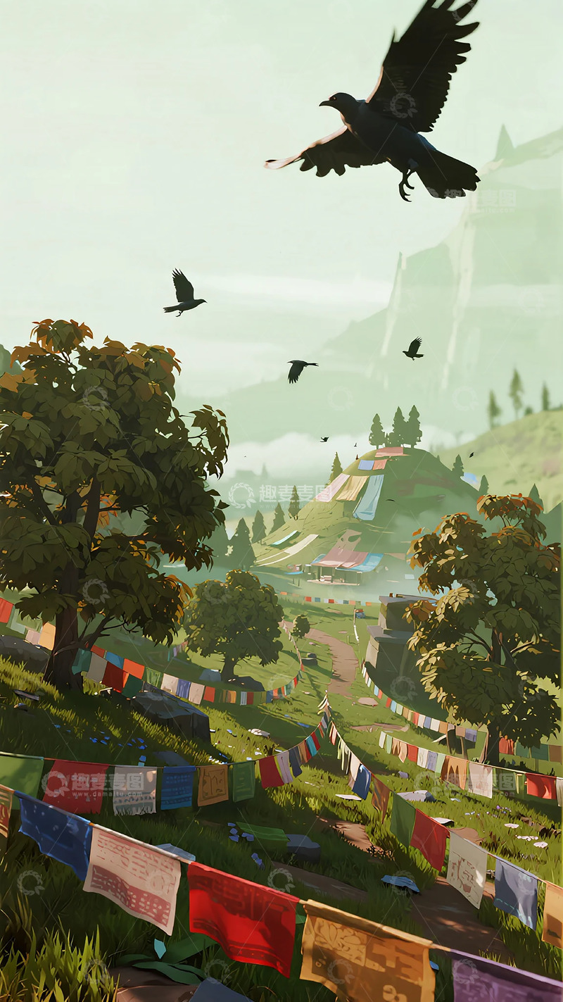 高清大图下载【趣麦麦图】动画风格山林风景飞鸟装饰图