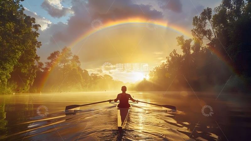 高清大图下载【趣麦麦图】晨光划艇彩虹美景
