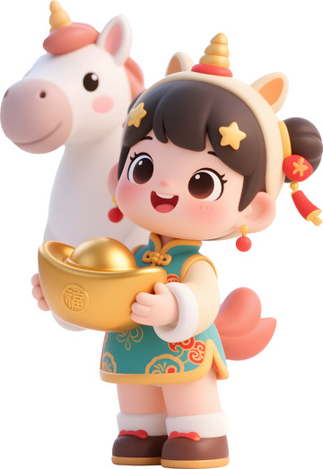卡通中国风女孩和小马
