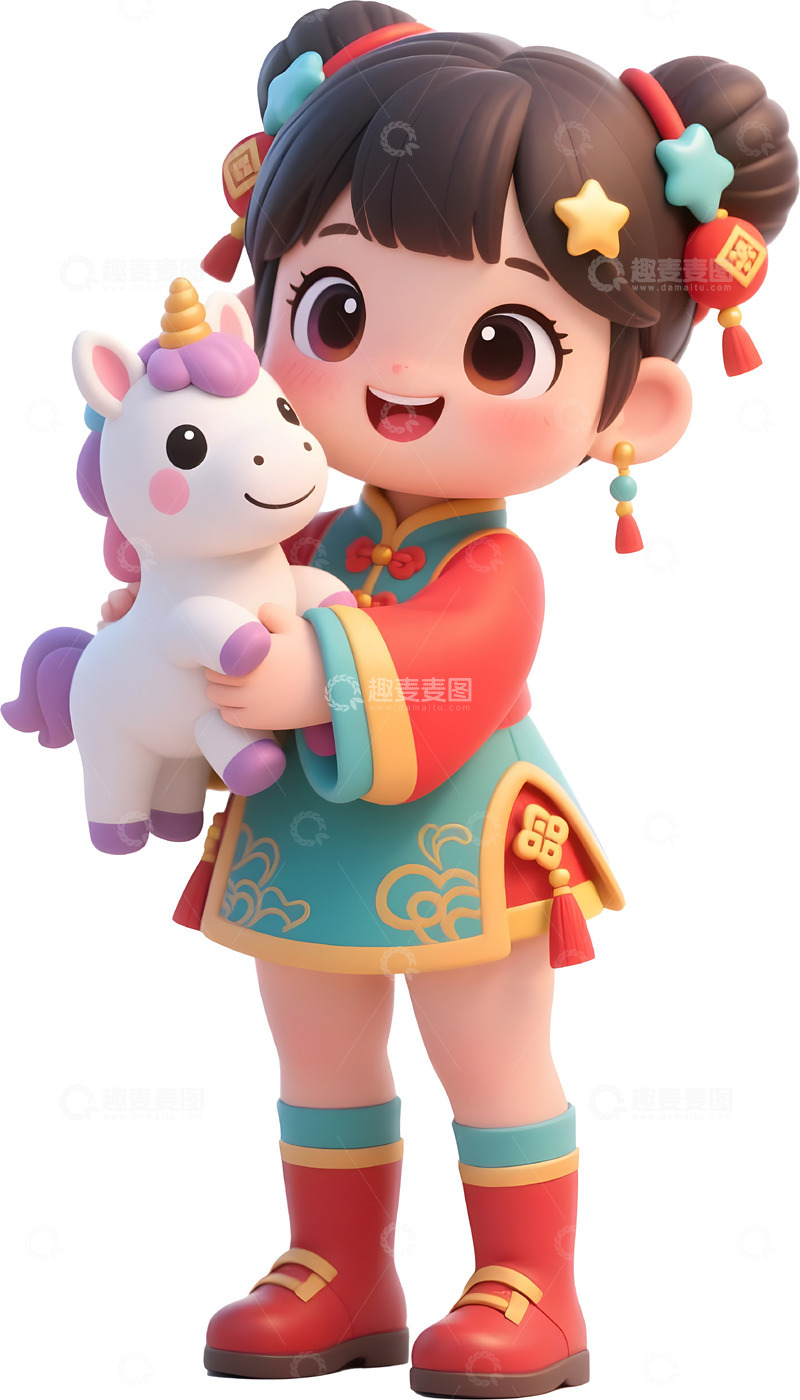 高清大图下载【趣麦麦图】卡通中国风女孩马年玩偶