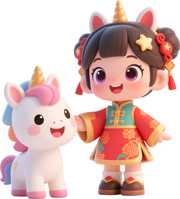 卡通中国风新年女孩小马