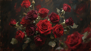 油画风格红玫瑰花束装饰画
