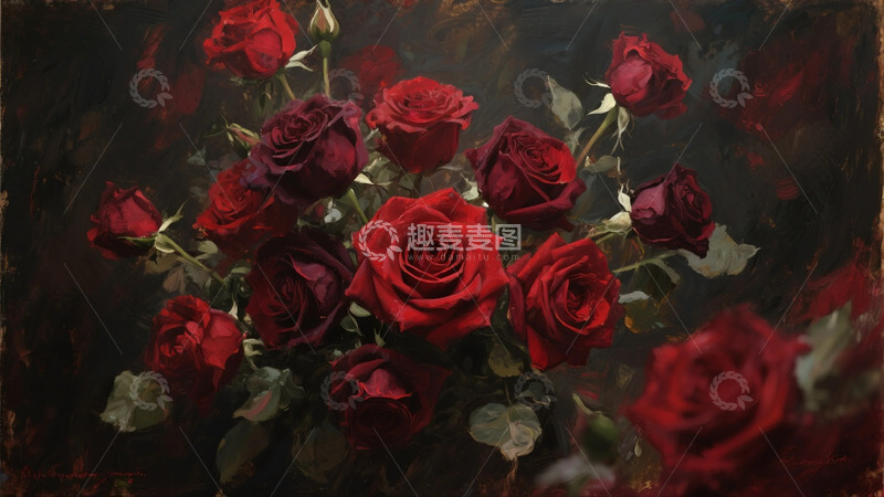 高清大图下载【趣麦麦图】油画风格红玫瑰花束装饰画