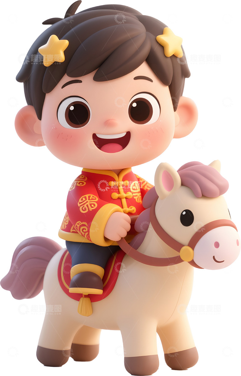 高清大图下载【趣麦麦图】卡通新年骑木马男孩素材