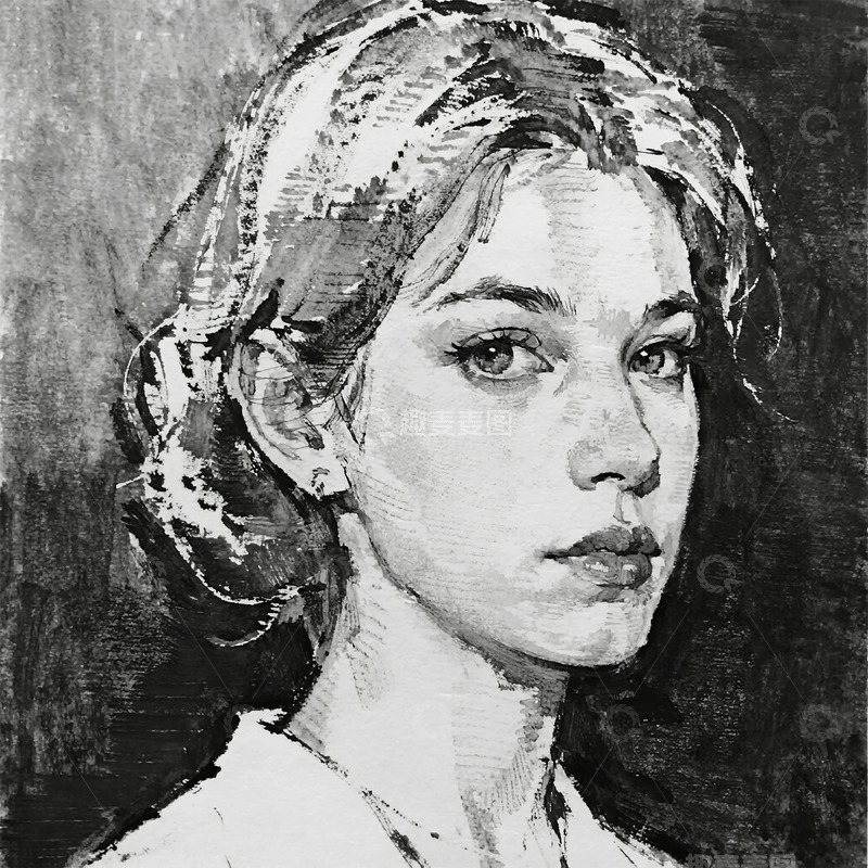 黑白写实女性肖像油画