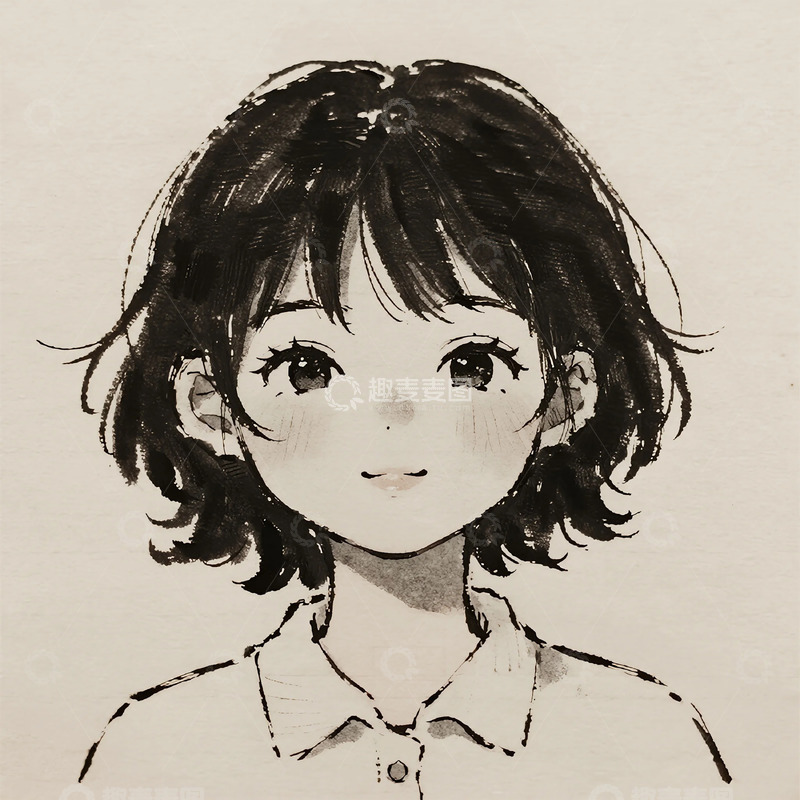 高清大图下载【趣麦麦图】水墨风格少女头像插画素材