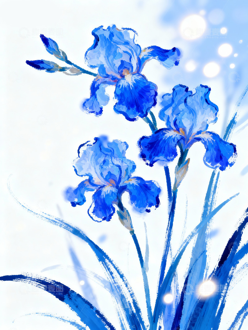 高清大图下载【趣麦麦图】蓝色鸢尾花兰花水墨画