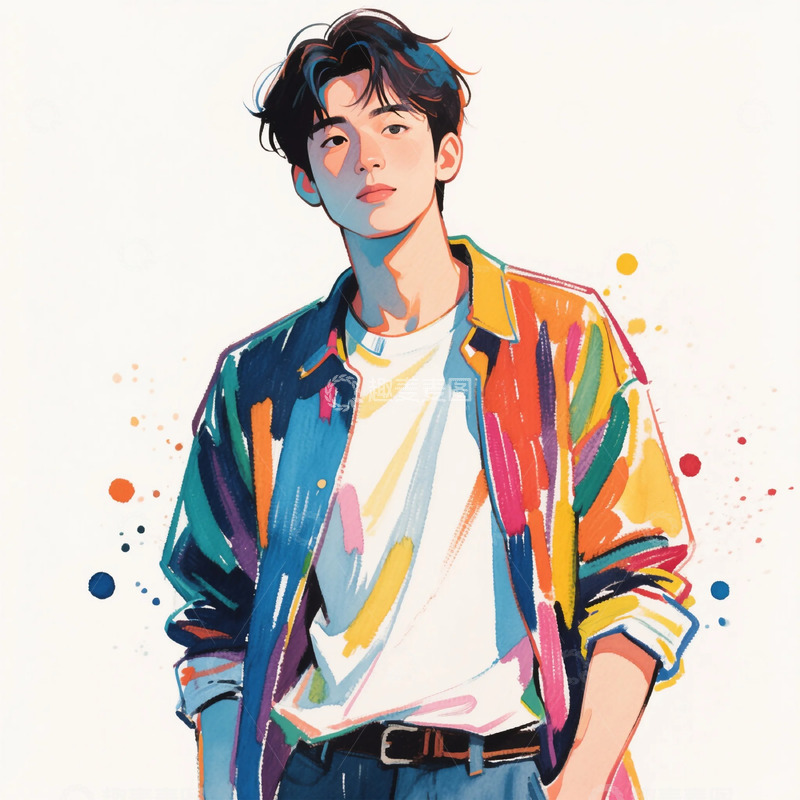 高清大图下载【趣麦麦图】-彩衫青年插画风格艺术插画