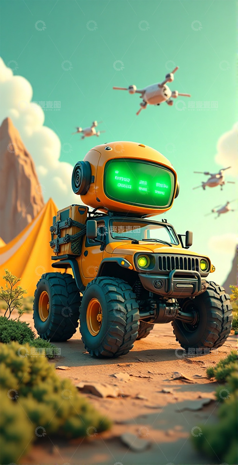 高清大图下载【趣麦麦图】荒漠探险 机器人车队无人机巡游