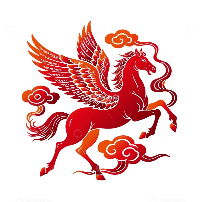 源文件下载【趣麦麦图】-中国风红色飞马剪纸艺术
