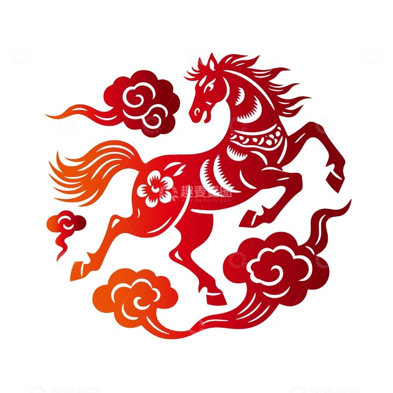 源文件下载【趣麦麦图】-剪纸风红色骏马祥云图案