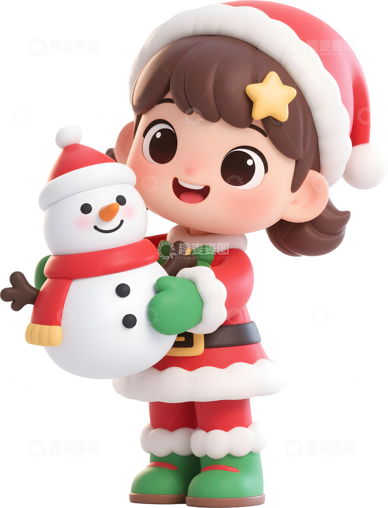 高清大图下载【趣麦麦图】卡通圣诞节女孩抱着雪人