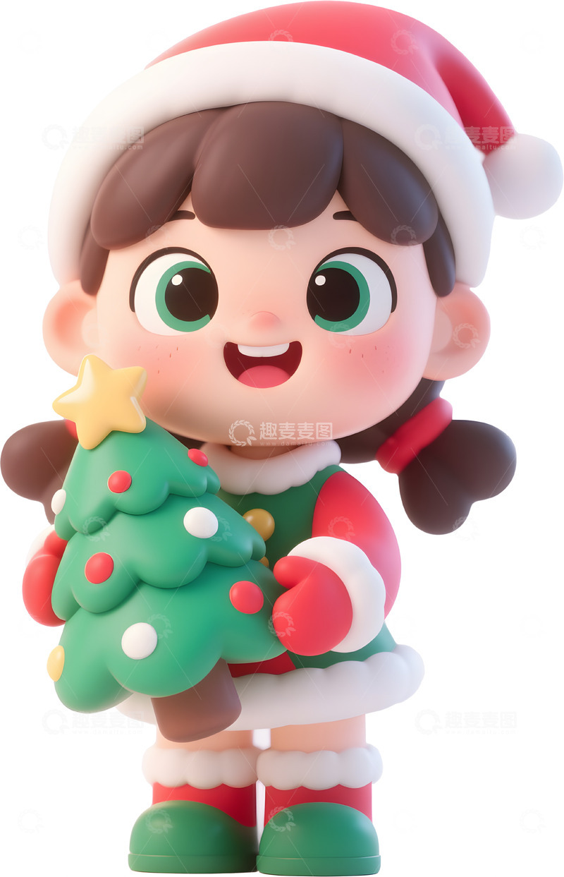 高清大图下载【趣麦麦图】可爱圣诞女孩抱着圣诞树