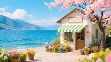 湖畔花店风光自然美景插画