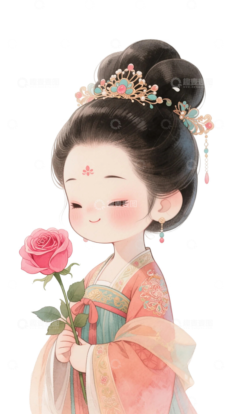 高清大图下载【趣麦麦图】古风美女插画玫瑰手持图