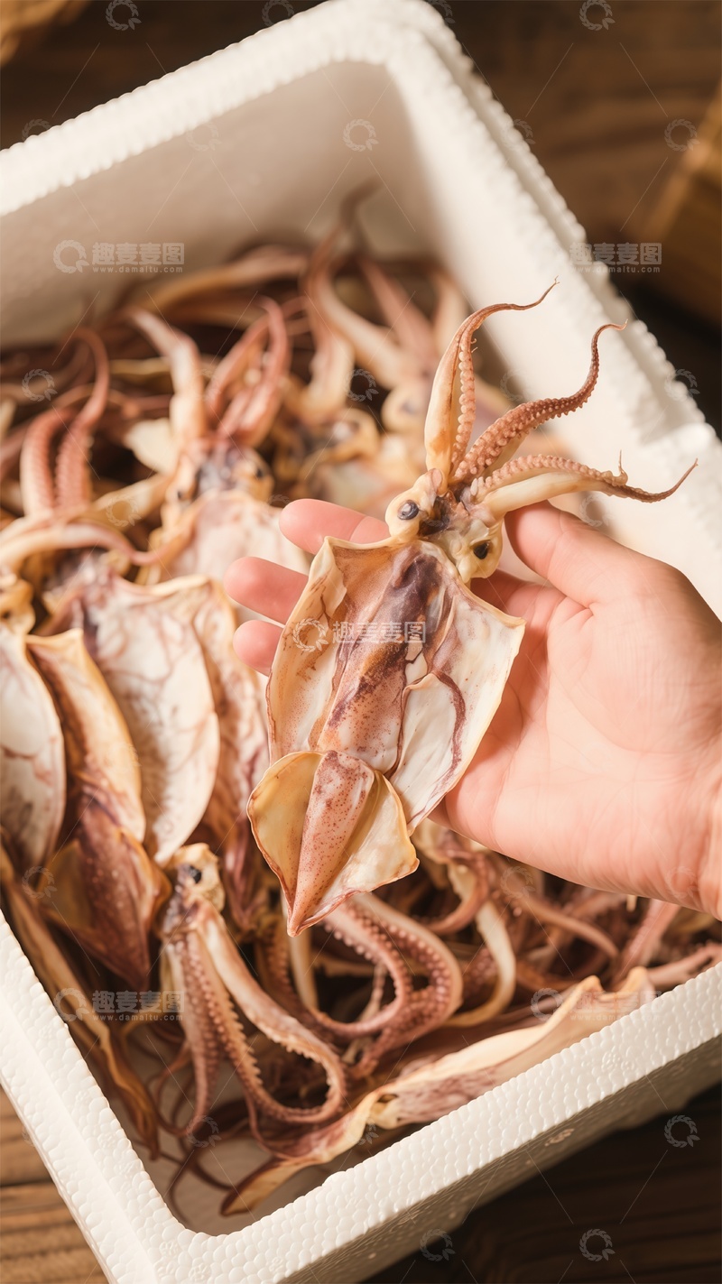 高清大图下载【趣麦麦图】纸箱装章鱼干特写摄影