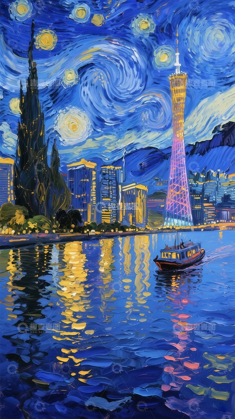 高清大图下载【趣麦麦图】星夜广州油画风光
