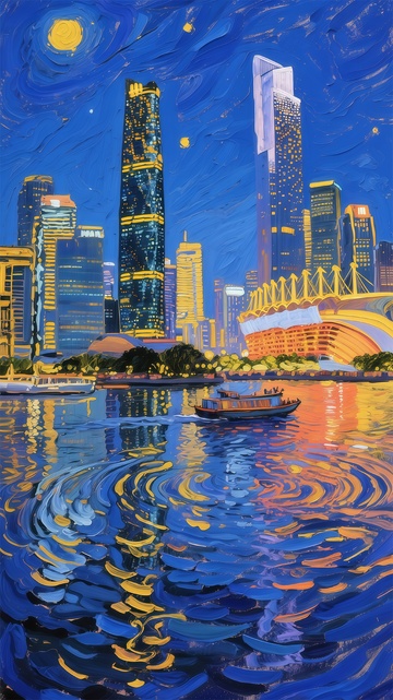 星夜城市油画风光