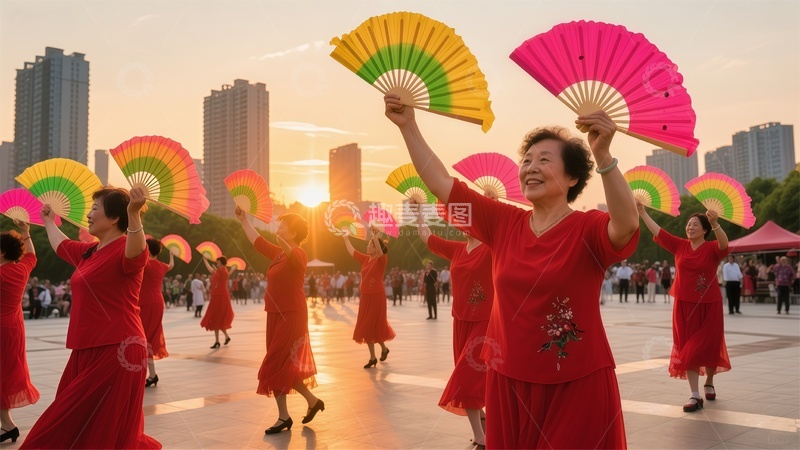 高清大图下载【趣麦麦图】夕阳广场舞者红色服饰表演