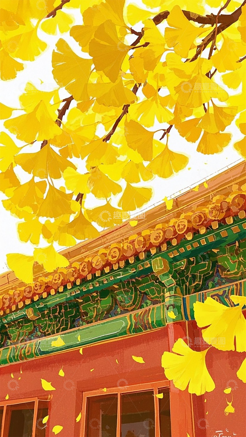 高清大图下载【趣麦麦图】秋日故宫银杏插画