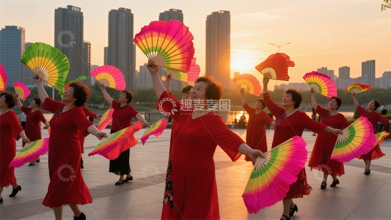 高清大图下载【趣麦麦图】广场舞舞蹈表演城市风光摄影