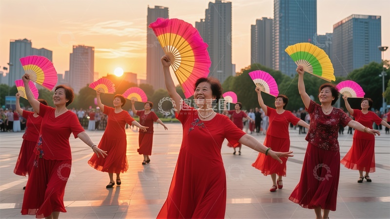 高清大图下载【趣麦麦图】夕阳广场舞红裙舞扇场景