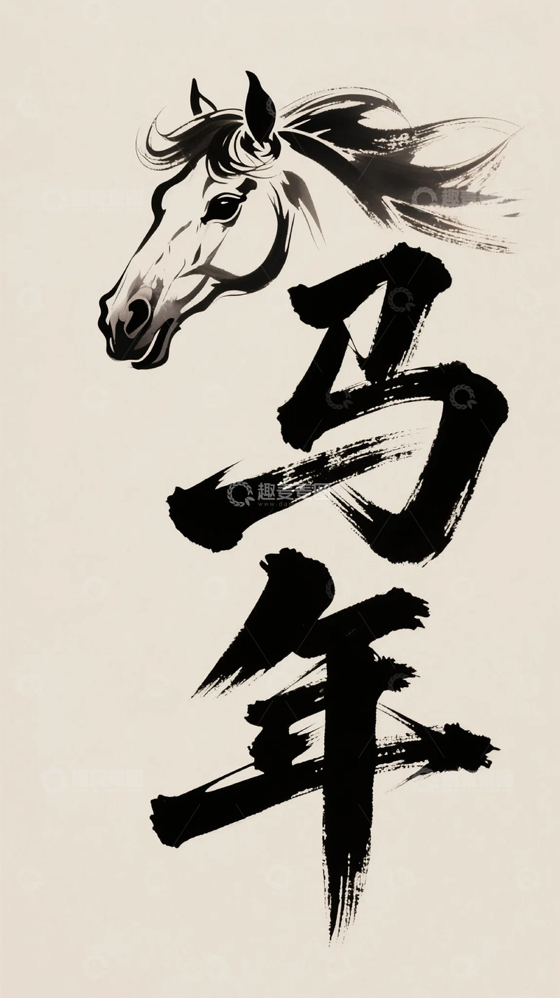 高清大图下载【趣麦麦图】水墨风马年祝福艺术字设计