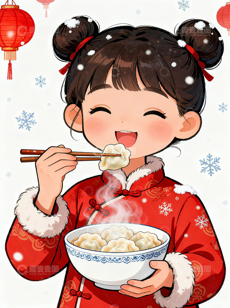高清大图下载【趣麦麦图】喜庆新年女孩饺子插画