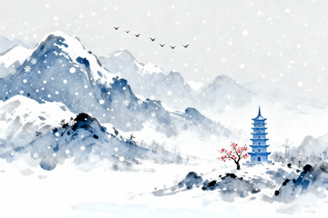 孤舟竹屋飞鸟冬景