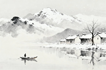 水墨蓝调雪景山水4