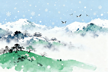 水墨蓝调雪景山水