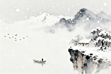 水墨蓝调雪景山水2