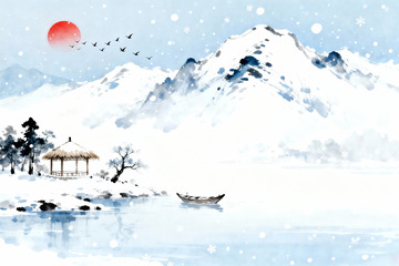 水墨蓝调雪景山水0