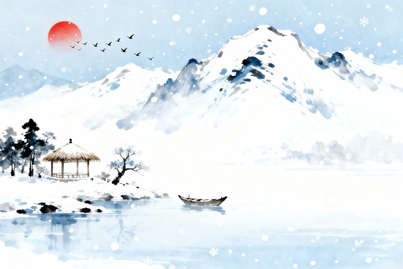 高清大图下载【趣麦麦图】水墨蓝调雪景山水0