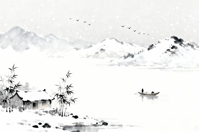 高清大图下载【趣麦麦图】水墨蓝调雪景山水1