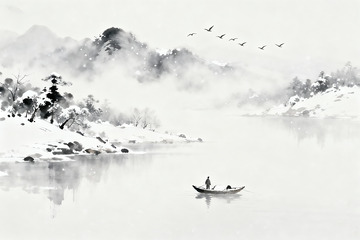 水墨蓝调雪景山水3